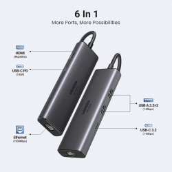 Ugreen 6-v-1 USB-C Hub (100W PD vhod, 4K@30Hz HDMI), 45000