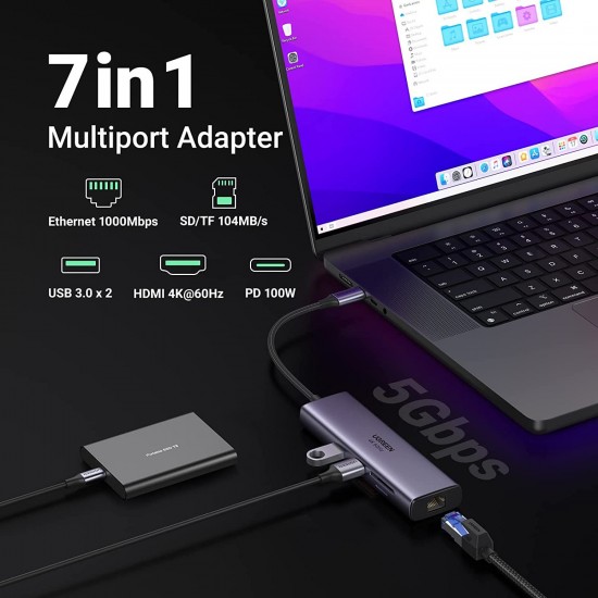 Ugreen 7v1 USB-C HUB HDMI+RJ45+čitalec kartic+USB+PD 100W (60515)