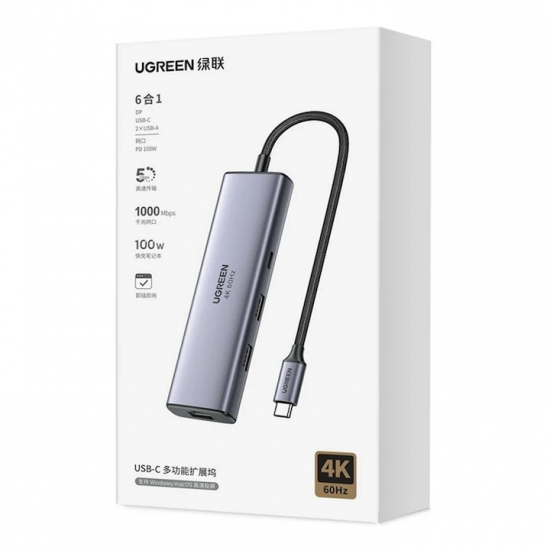 Ugreen 6-v-1 USB-C Hub (100 W PD, 4K@60Hz Displayport), 75643