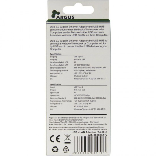 INTER-TECH ARGUS IT-410 gigabit LAN USB Type C 3-port Hub mrežni adapter