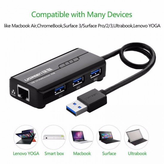 Ugreen USB 3.0 hub na 3x USB A in RJ45 (20265)
