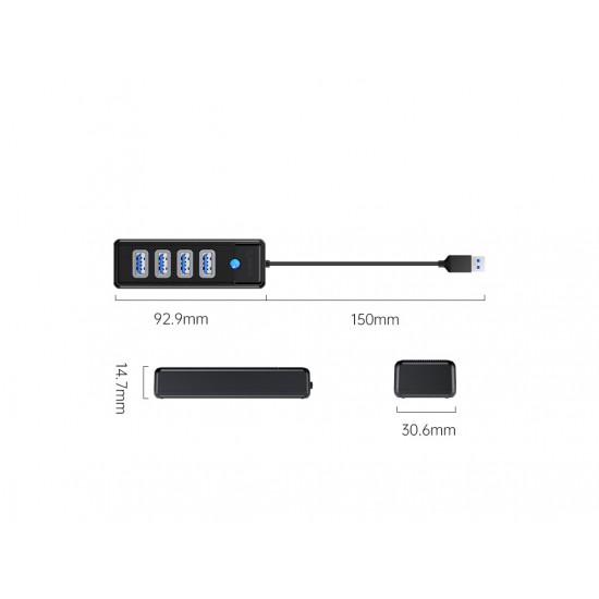 USB hub s 4 vhodi, USB 3.0, 0.15m, črn, ORICO PW4U-U3-015