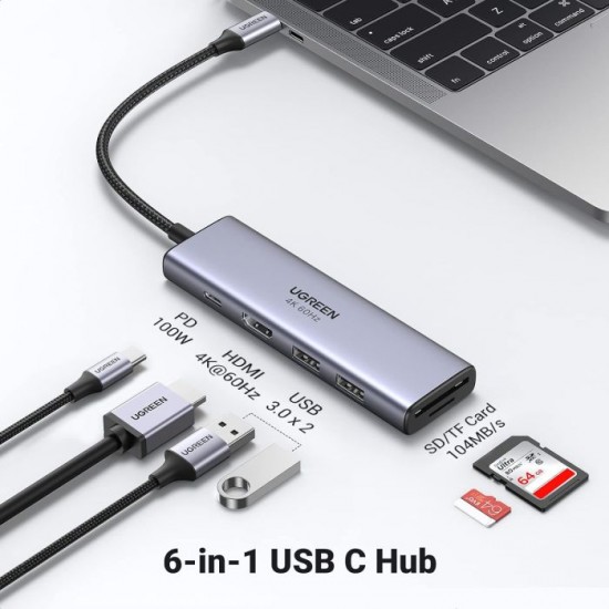 Ugreen 6v1 USB-C HUB 4K HDMI+čitalec kartic+2xUSB+PD 100W (60384)